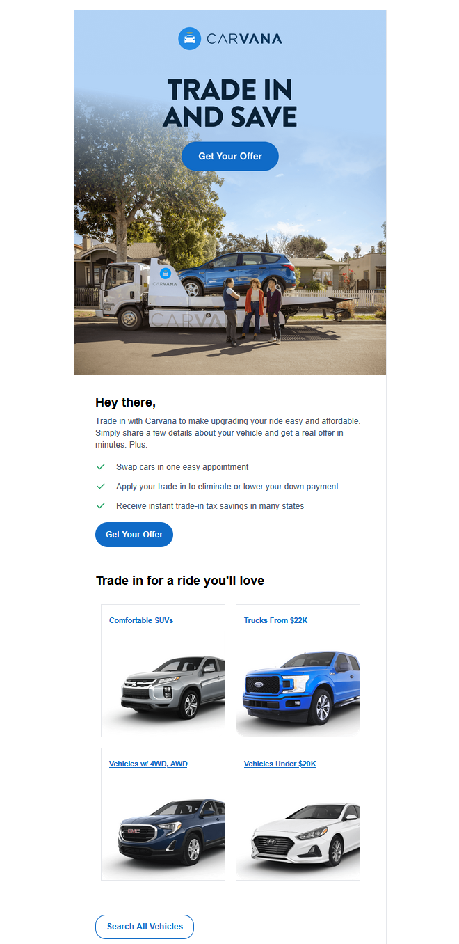 Retail conversion HTML email, Carvana-inspired build preview