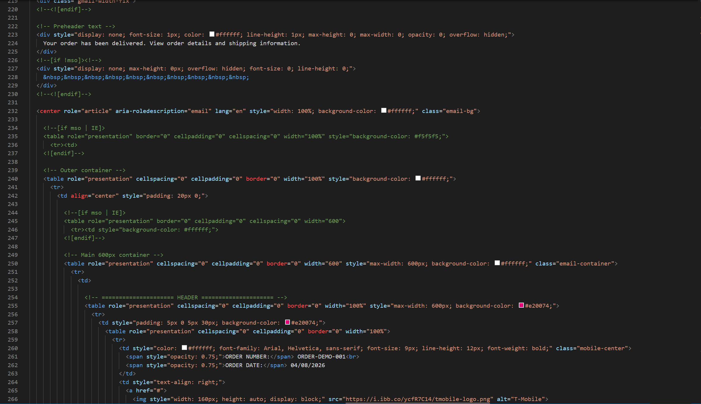 Order-style email, structure and hierarchy preview