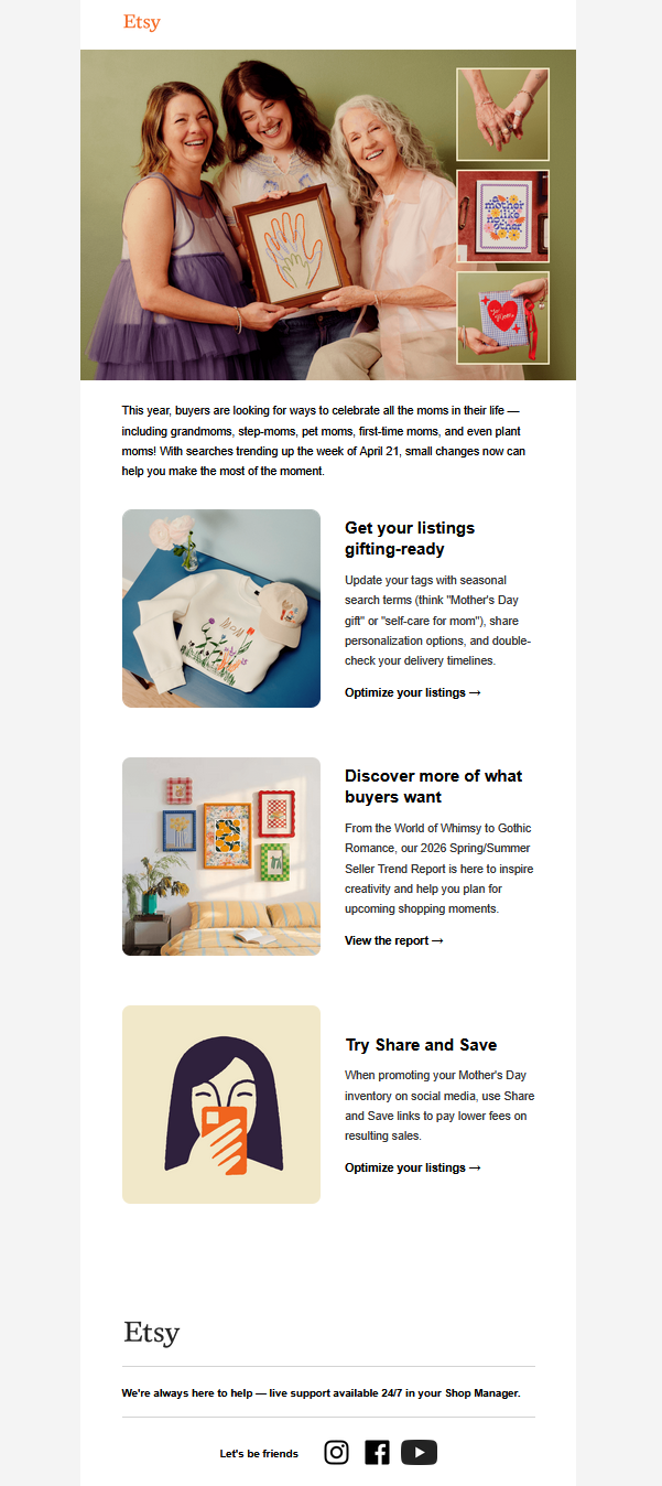 Content-driven marketing HTML email, Etsy-inspired build preview