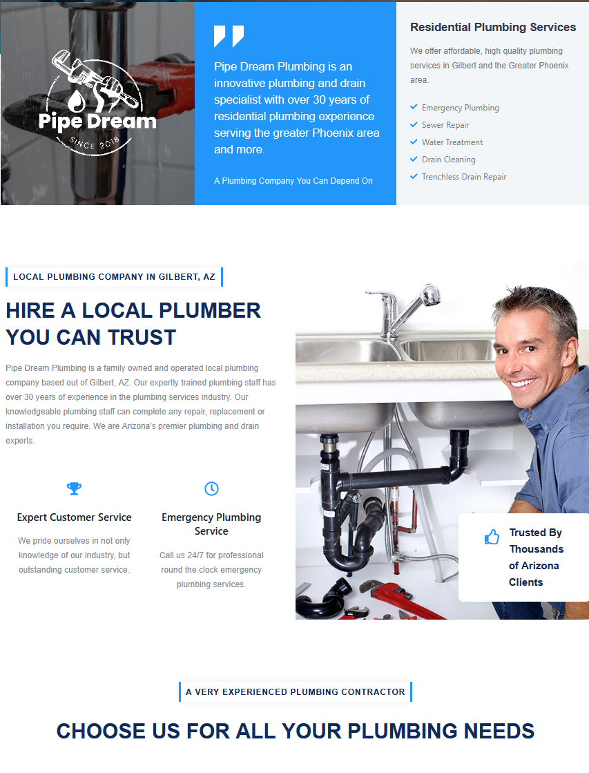 WordPress website content and layout support, Pipe Dream Plumbing site preview