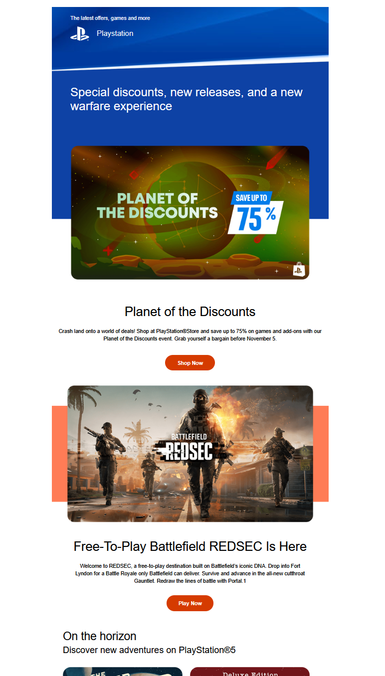 Multi-section promotional HTML email, PlayStation-inspired build preview