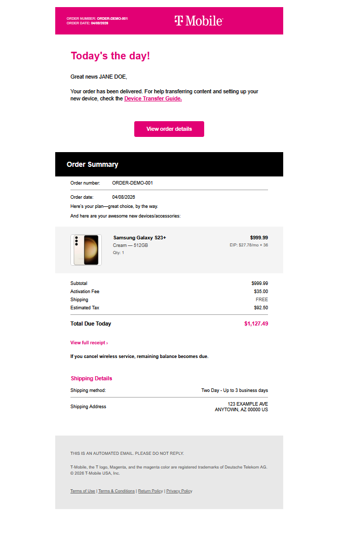 Transactional order confirmation HTML email, T-Mobile-inspired build preview